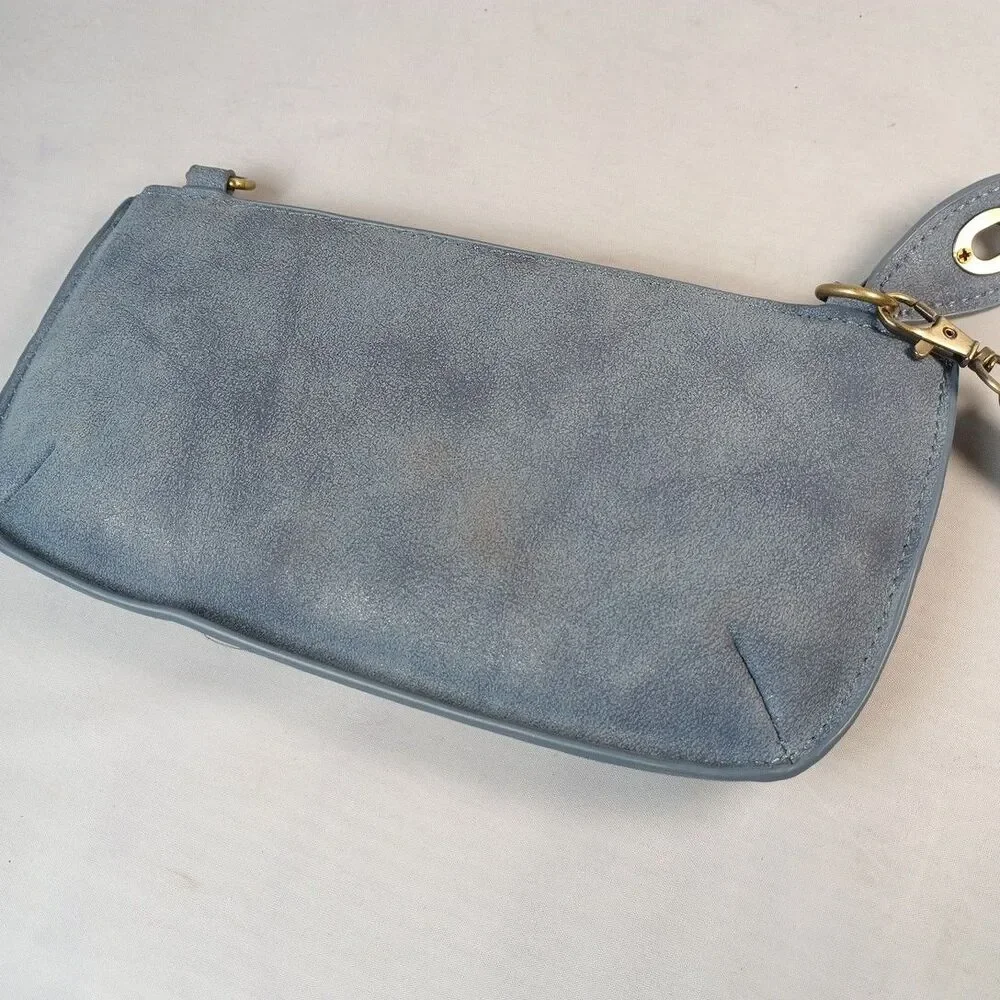 Joy Wallet Wristlet‎ Clutch Card Holder Blue Grey Faux Leather Purse Miss Chain